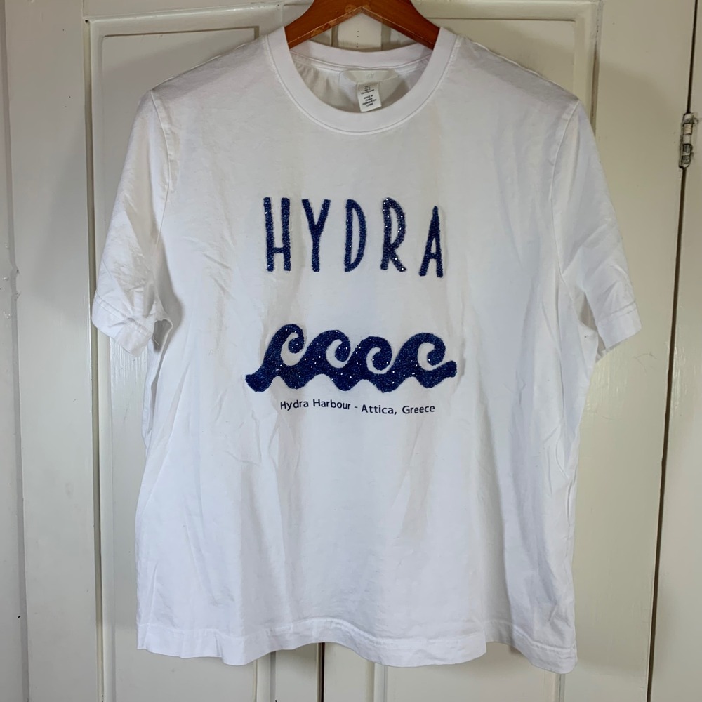 Hydra Harbour Greece Embellished Graphic T-Shirt White Blue Rhinestone Large H&M